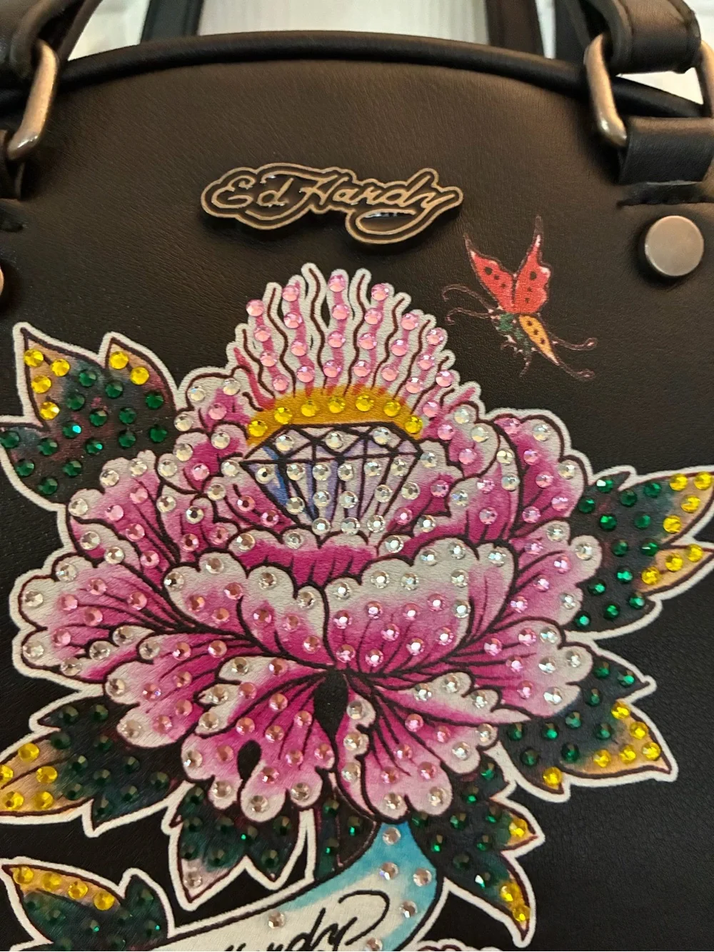 Ed Hardy Black Dome Satchel Tiger & Floral Tattoo Print Bowler Bag Y2K